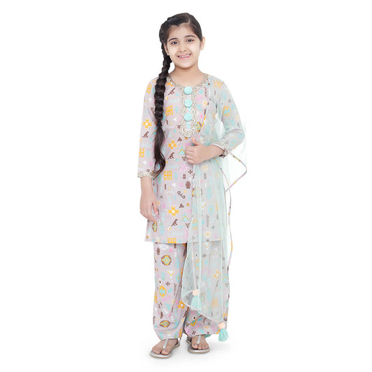 PS Kids Lavender Printed Cotton Kurta with Palazzo and Aqua Net Dupatta (Set of 3)