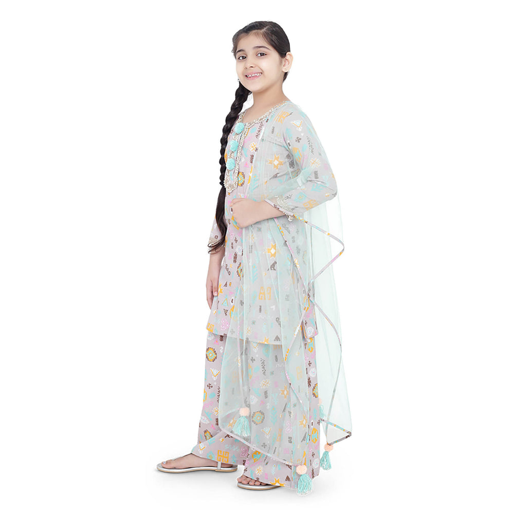 PS Kids Lavender Printed Cotton Kurta with Palazzo and Aqua Net Dupatta (Set of 3)
