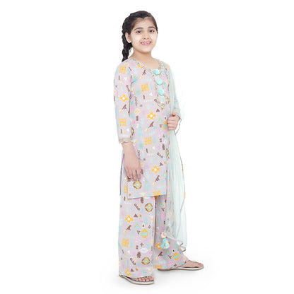 PS Kids Lavender Printed Cotton Kurta with Palazzo and Aqua Net Dupatta (Set of 3)
