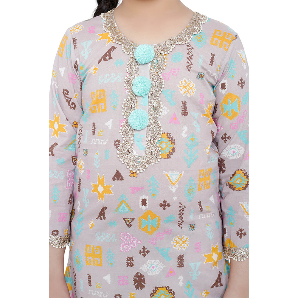 PS Kids Lavender Printed Cotton Kurta with Palazzo and Aqua Net Dupatta (Set of 3)