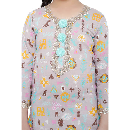 PS Kids Lavender Printed Cotton Kurta with Palazzo and Aqua Net Dupatta (Set of 3)