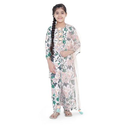 PS Kids White Printed Cotton Kurta with Palazzo and Blush Net Dupatta (Set of 3)
