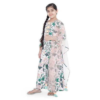 PS Kids White Printed Cotton Kurta with Palazzo and Blush Net Dupatta (Set of 3)
