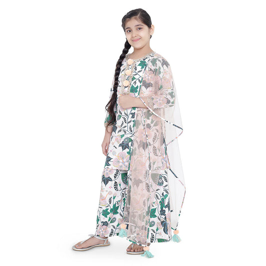 PS Kids White Printed Cotton Kurta with Palazzo and Blush Net Dupatta (Set of 3)