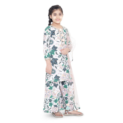 PS Kids White Printed Cotton Kurta with Palazzo and Blush Net Dupatta (Set of 3)