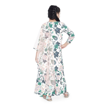 PS Kids White Printed Cotton Kurta with Palazzo and Blush Net Dupatta (Set of 3)
