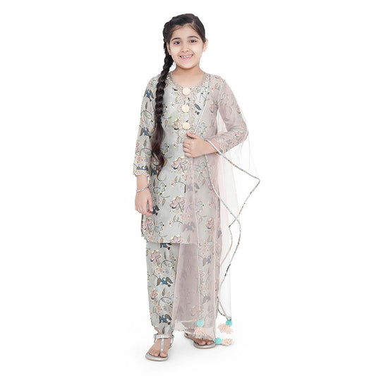 PS Kids Mint Printed Cotton Kurta with Palazzo and Blush Net Dupatta (Set of 3)