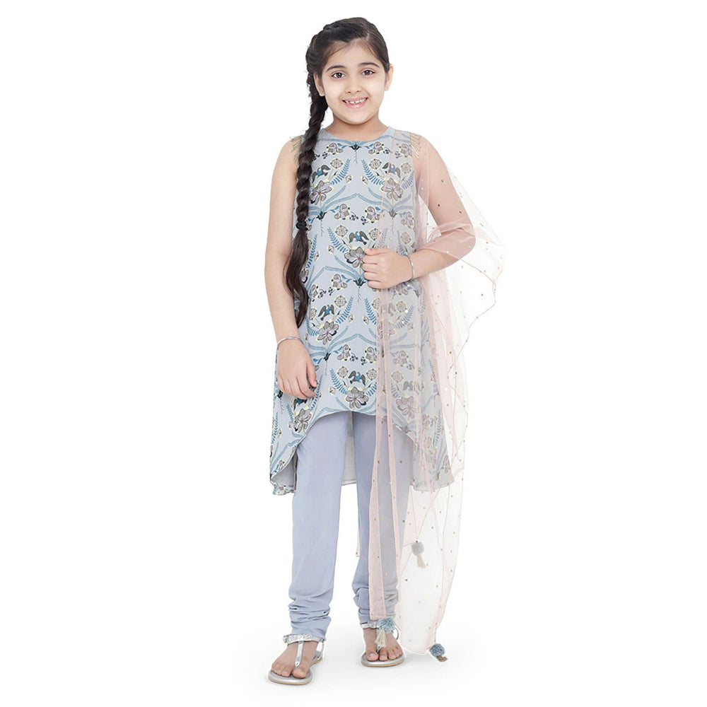 PS Kids Powder Blue Printed high Low Kurta with blue Churidar and Dupatta (Set of 3)