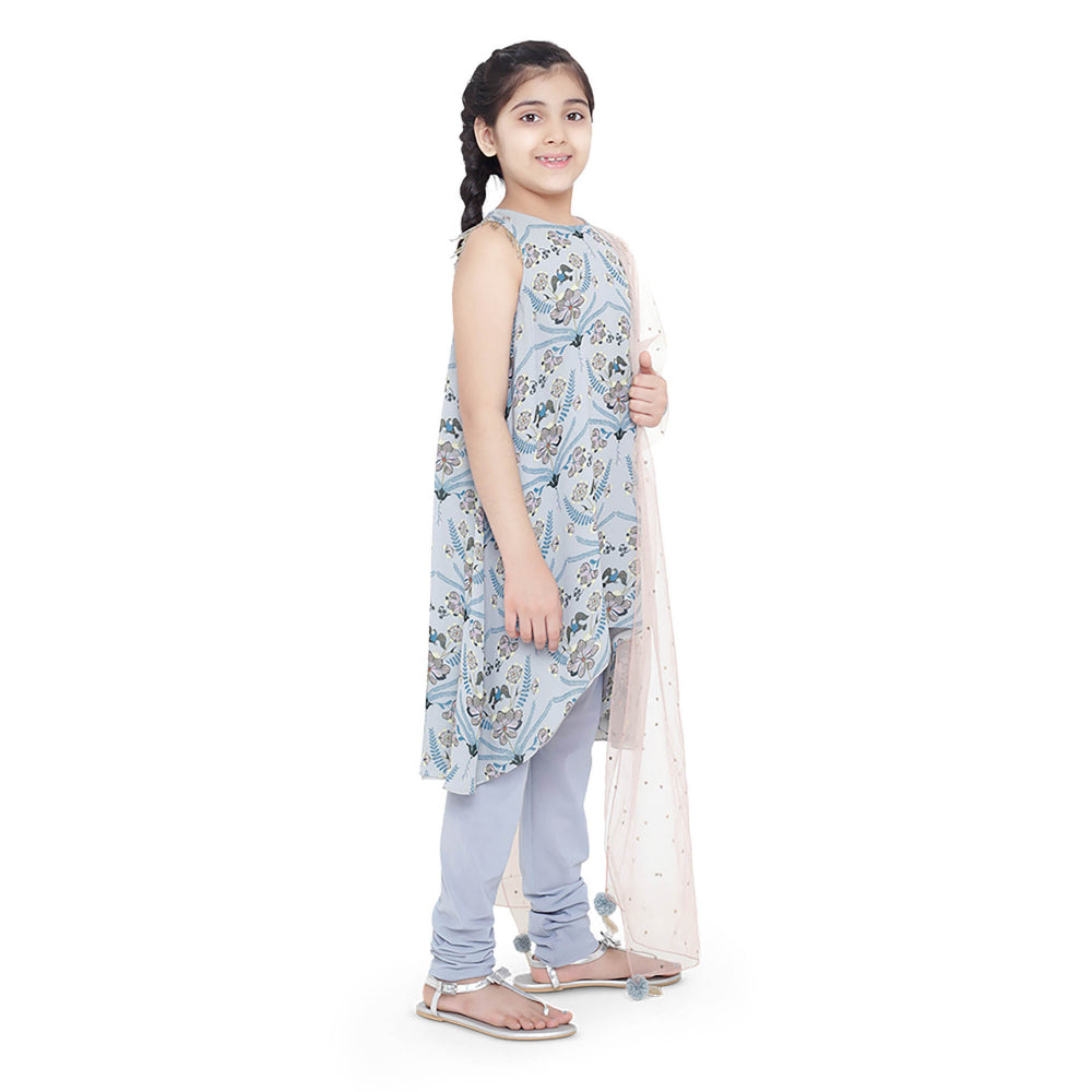 PS Kids Powder Blue Printed high Low Kurta with blue Churidar and Dupatta (Set of 3)
