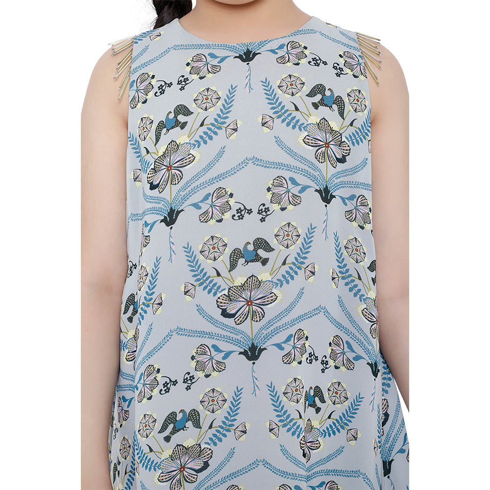 PS Kids Powder Blue Printed high Low Kurta with blue Churidar and Dupatta (Set of 3)