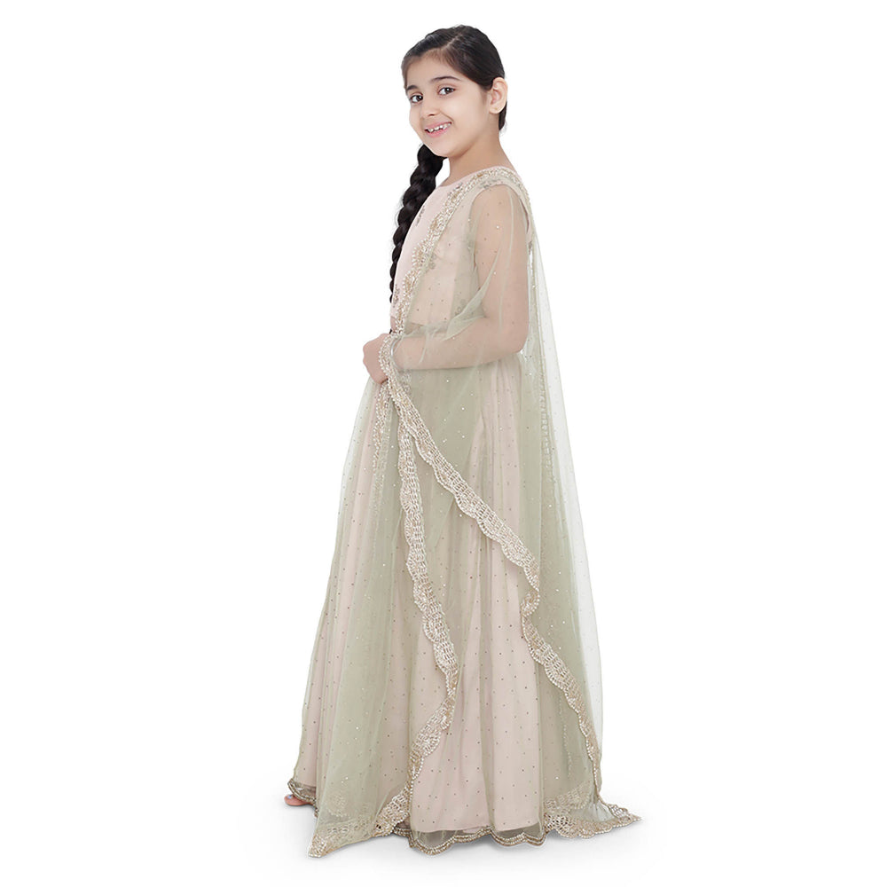 PS Kids Blush Silk Embroidered Choli with Silk Lehenga and Mint Net Dupatta (Set of 3)