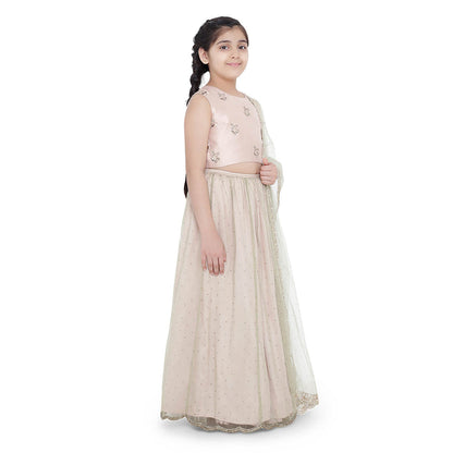 PS Kids Blush Silk Embroidered Choli with Silk Lehenga and Mint Net Dupatta (Set of 3)