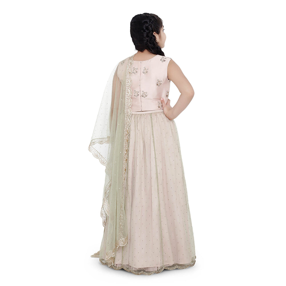 PS Kids Blush Silk Embroidered Choli with Silk Lehenga and Mint Net Dupatta (Set of 3)