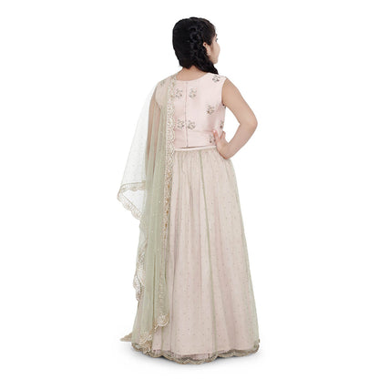 PS Kids Blush Silk Embroidered Choli with Silk Lehenga and Mint Net Dupatta (Set of 3)