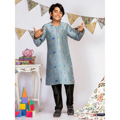 PS Kids By Payal Singhal Powder Blue Printed Silk Kurta with Black Churidar (Set of 2)