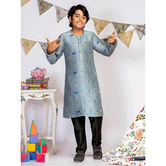 PS Kids By Payal Singhal Powder Blue Printed Silk Kurta with Black Churidar (Set of 2)