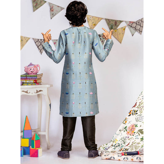 PS Kids By Payal Singhal Powder Blue Printed Silk Kurta with Black Churidar (Set of 2)