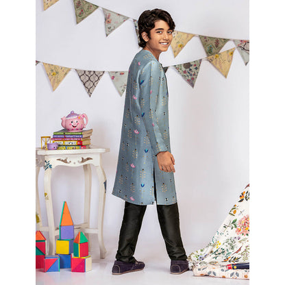 PS Kids By Payal Singhal Powder Blue Printed Silk Kurta with Black Churidar (Set of 2)
