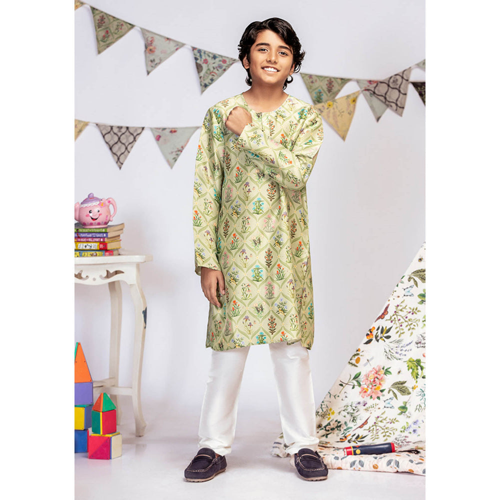 PS Kids By Payal Singhal Mint Printed Silk Kurta with Off White Churidar (Set of 2)