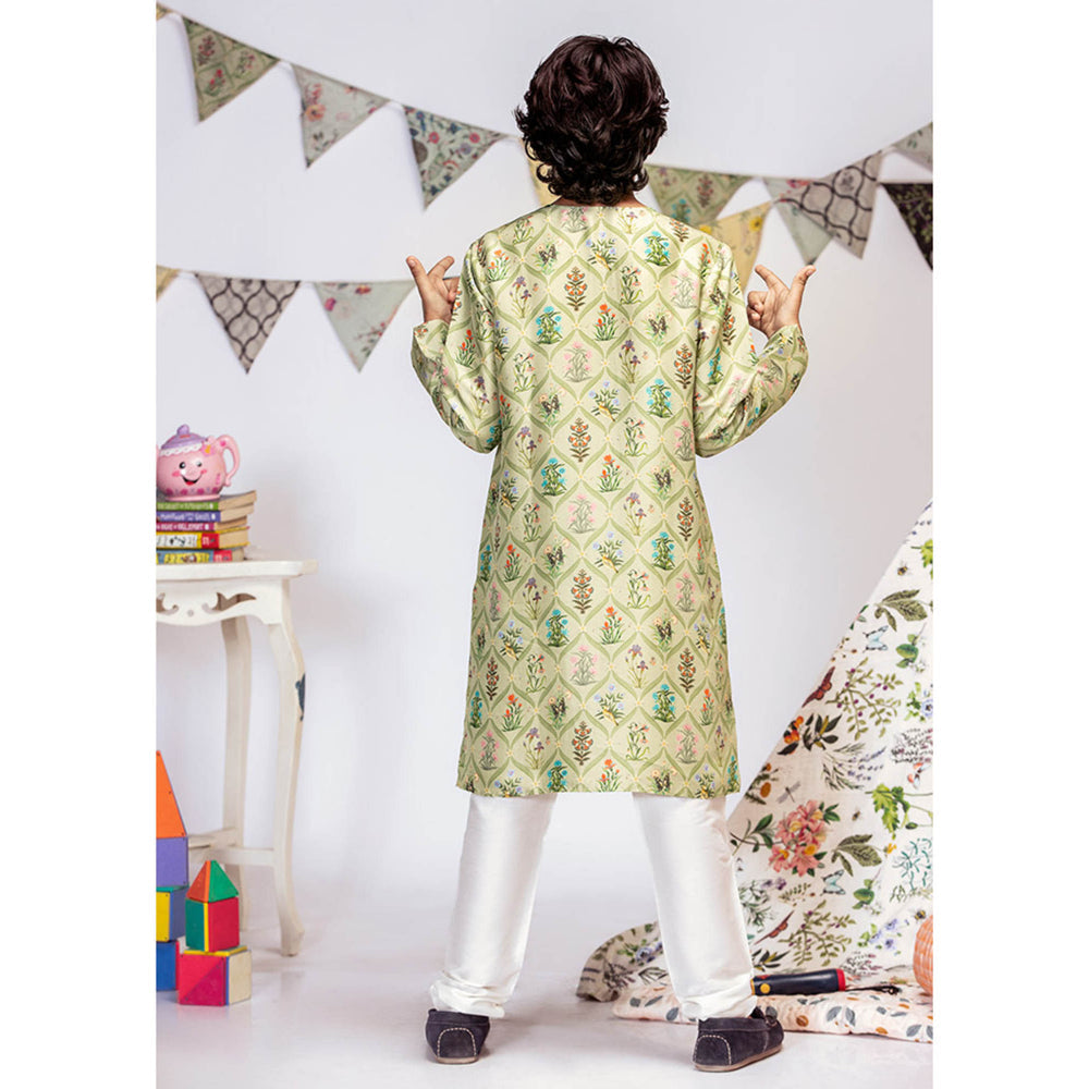 PS Kids By Payal Singhal Mint Printed Silk Kurta with Off White Churidar (Set of 2)