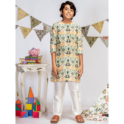 PS Kids By Payal Singhal Cream Printed Silk Kurta with Off White Churidar (Set of 2)