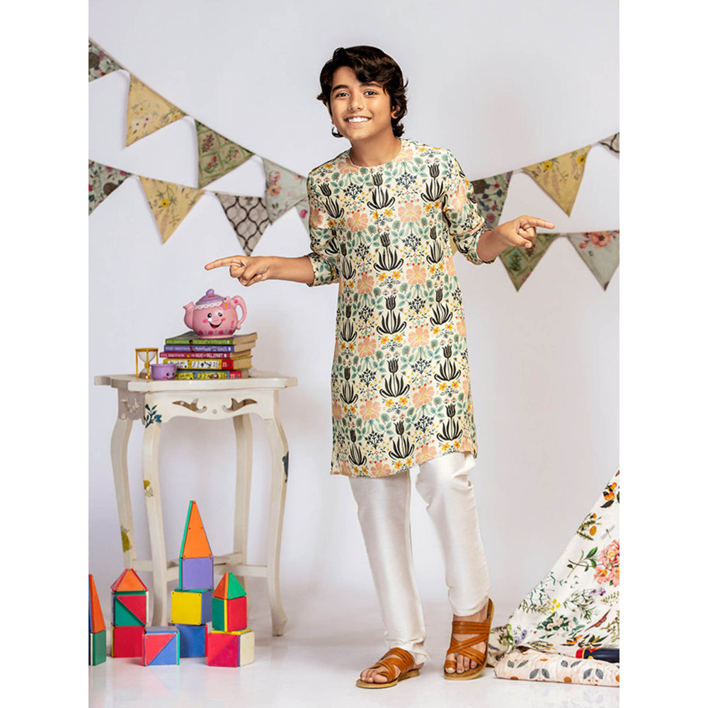 PS Kids By Payal Singhal Cream Printed Silk Kurta with Off White Churidar (Set of 2)