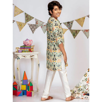 PS Kids By Payal Singhal Cream Printed Silk Kurta with Off White Churidar (Set of 2)