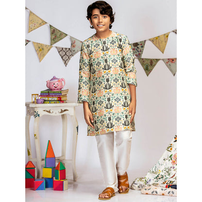 PS Kids By Payal Singhal Cream Printed Silk Kurta with Off White Churidar (Set of 2)