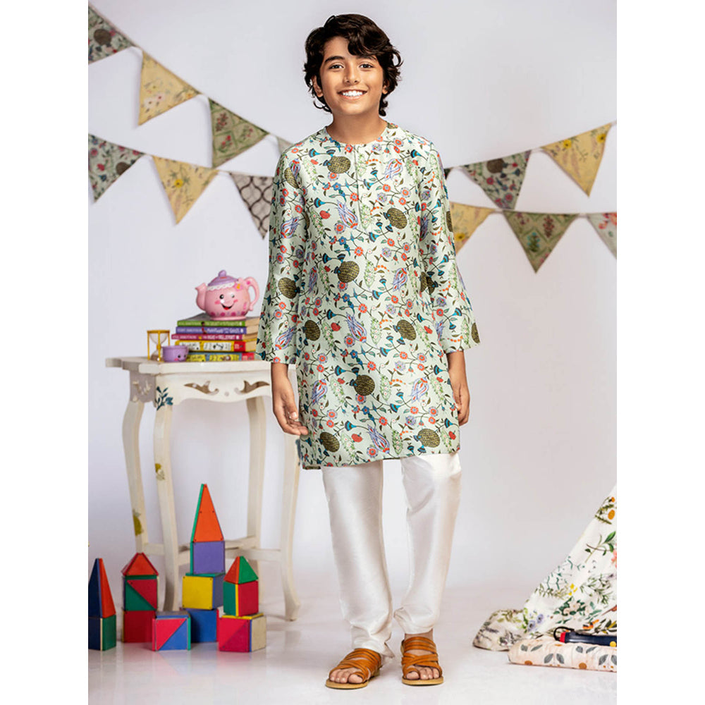 PS Kids By Payal Singhal Aqua Printed Silk Kurta with Off White Churidar (Set of 2)