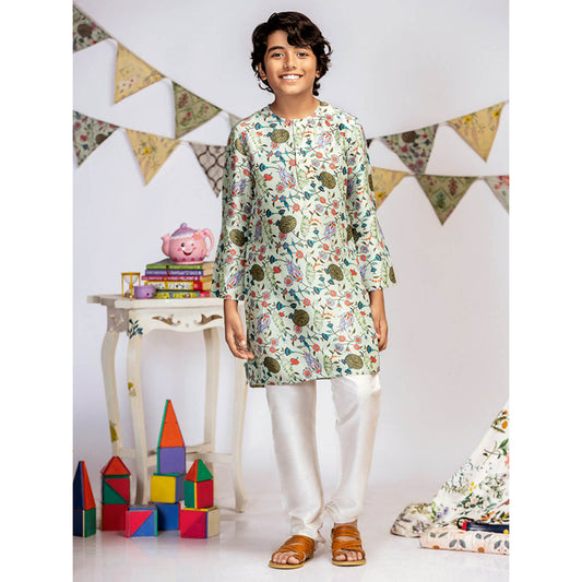 PS Kids By Payal Singhal Aqua Printed Silk Kurta with Off White Churidar (Set of 2)