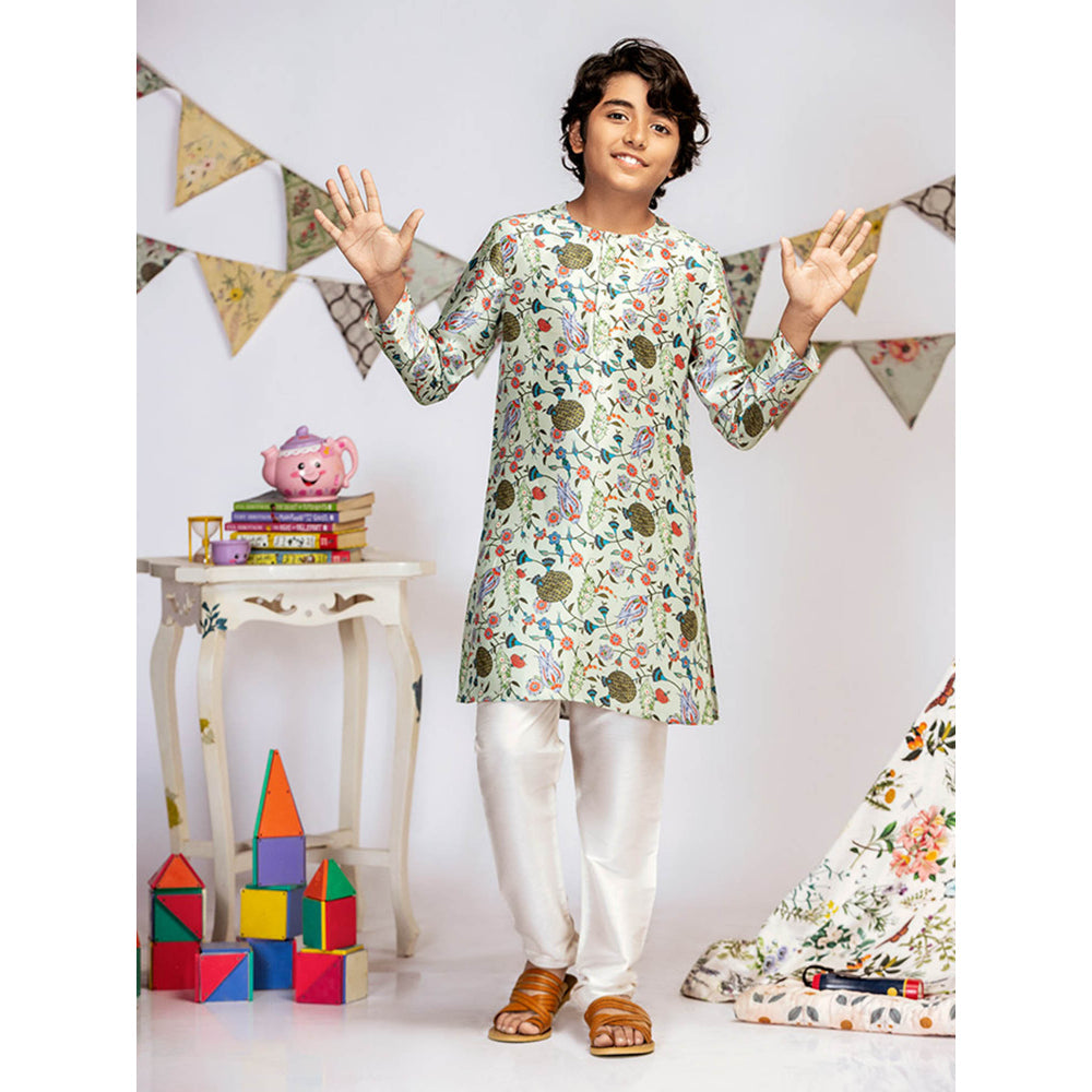 PS Kids By Payal Singhal Aqua Printed Silk Kurta with Off White Churidar (Set of 2)