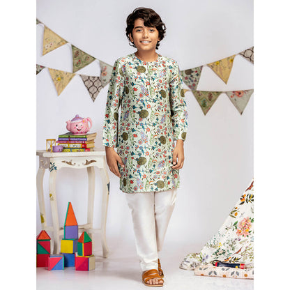 PS Kids By Payal Singhal Aqua Printed Silk Kurta with Off White Churidar (Set of 2)