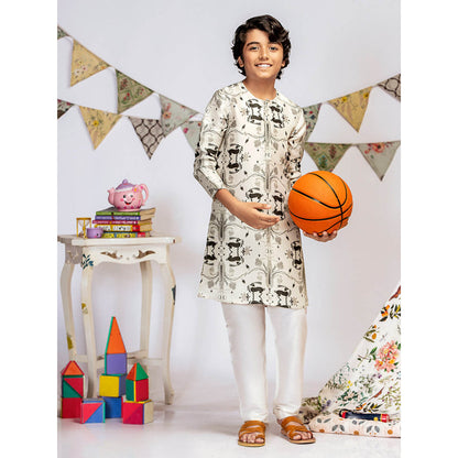 PS Kids By Payal Singhal Stone Printed Silk Kurta with Off White Churidar (Set of 2)