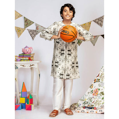 PS Kids By Payal Singhal Stone Printed Silk Kurta with Off White Churidar (Set of 2)