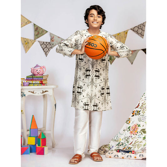 PS Kids By Payal Singhal Stone Printed Silk Kurta with Off White Churidar (Set of 2)