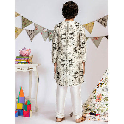 PS Kids By Payal Singhal Stone Printed Silk Kurta with Off White Churidar (Set of 2)