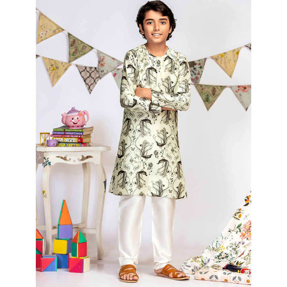 PS Kids By Payal Singhal Mint Printed Silk Kurta with Off White Churidar (Set of 2)