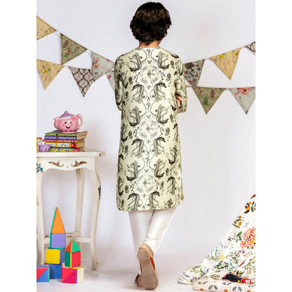 PS Kids By Payal Singhal Mint Printed Silk Kurta with Off White Churidar (Set of 2)