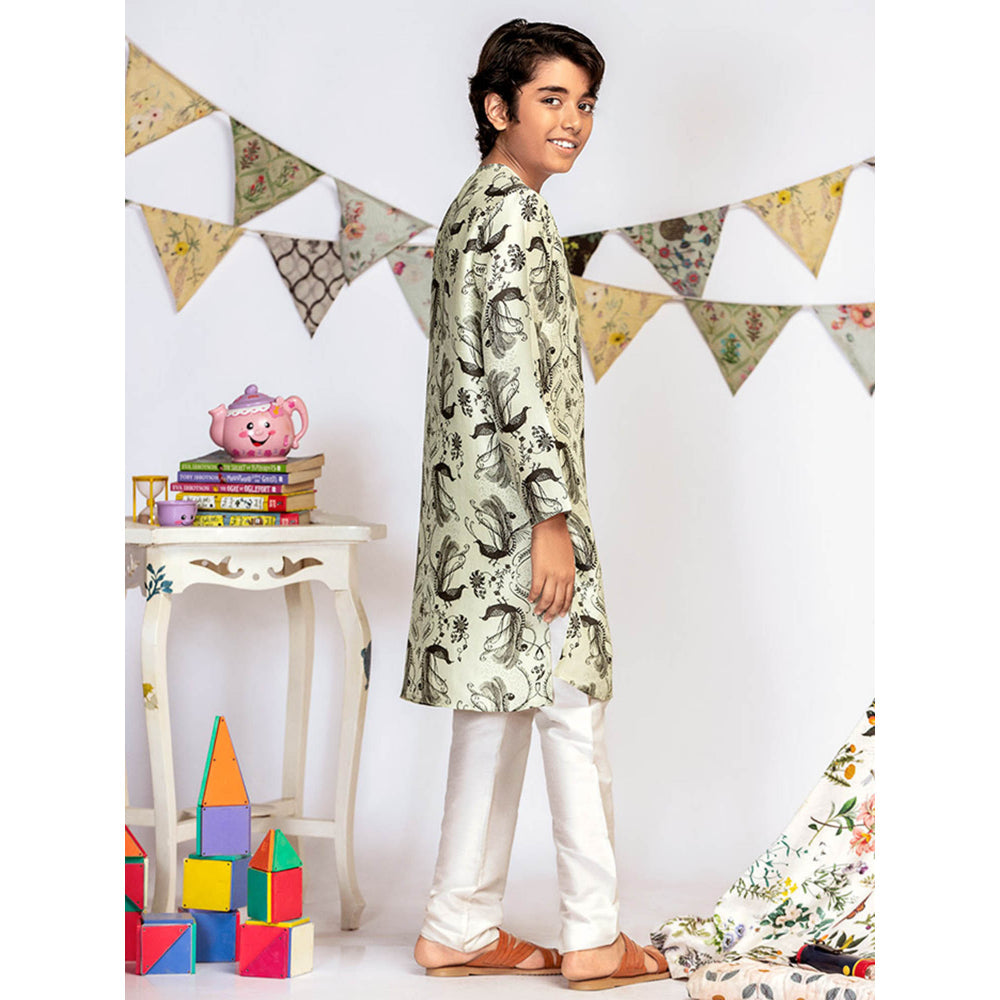 PS Kids By Payal Singhal Mint Printed Silk Kurta with Off White Churidar (Set of 2)