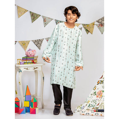 PS Kids By Payal Singhal Blue Printed Silk Kurta with Black Churidar (Set of 2)