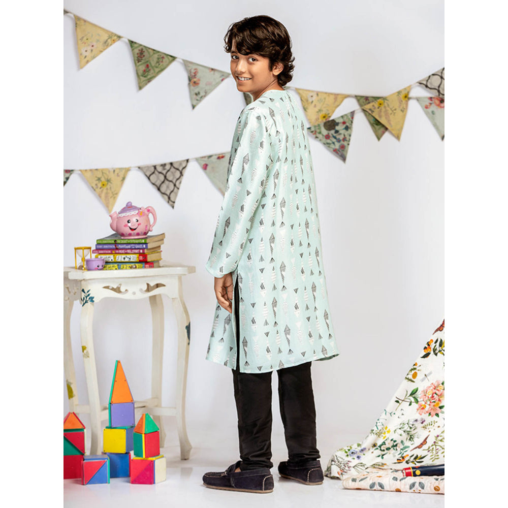 PS Kids By Payal Singhal Blue Printed Silk Kurta with Black Churidar (Set of 2)