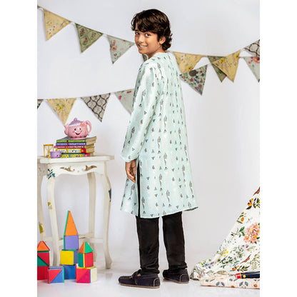 PS Kids By Payal Singhal Blue Printed Silk Kurta with Black Churidar (Set of 2)