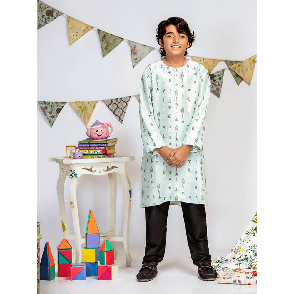 PS Kids By Payal Singhal Blue Printed Silk Kurta with Black Churidar (Set of 2)