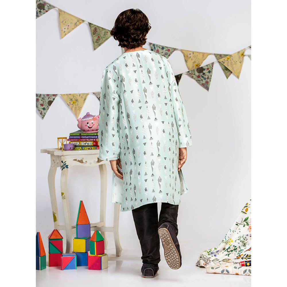 PS Kids By Payal Singhal Blue Printed Silk Kurta with Black Churidar (Set of 2)