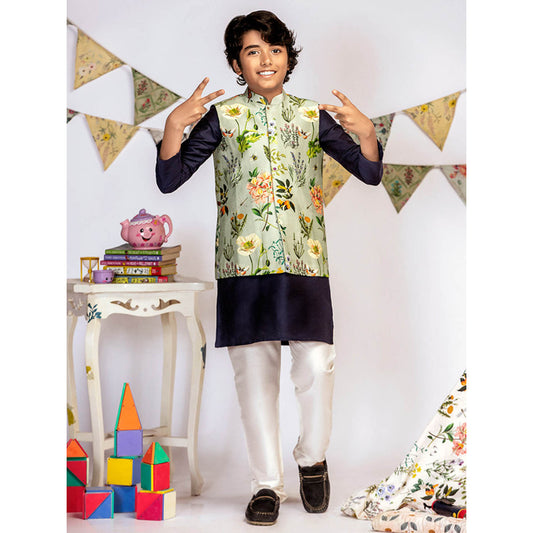 PS Kids By Payal Singhal Aqua Printed Navy Kurta And Off White Churidar (Set of 3)