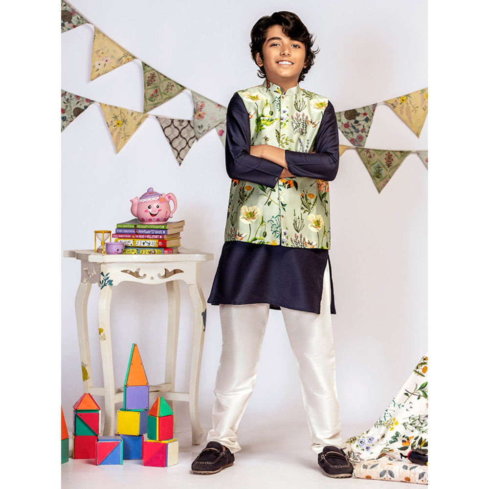 PS Kids By Payal Singhal Aqua Printed Navy Kurta And Off White Churidar (Set of 3)