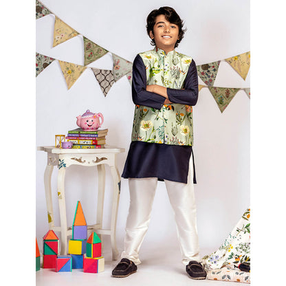 PS Kids By Payal Singhal Aqua Printed Navy Kurta And Off White Churidar (Set of 3)