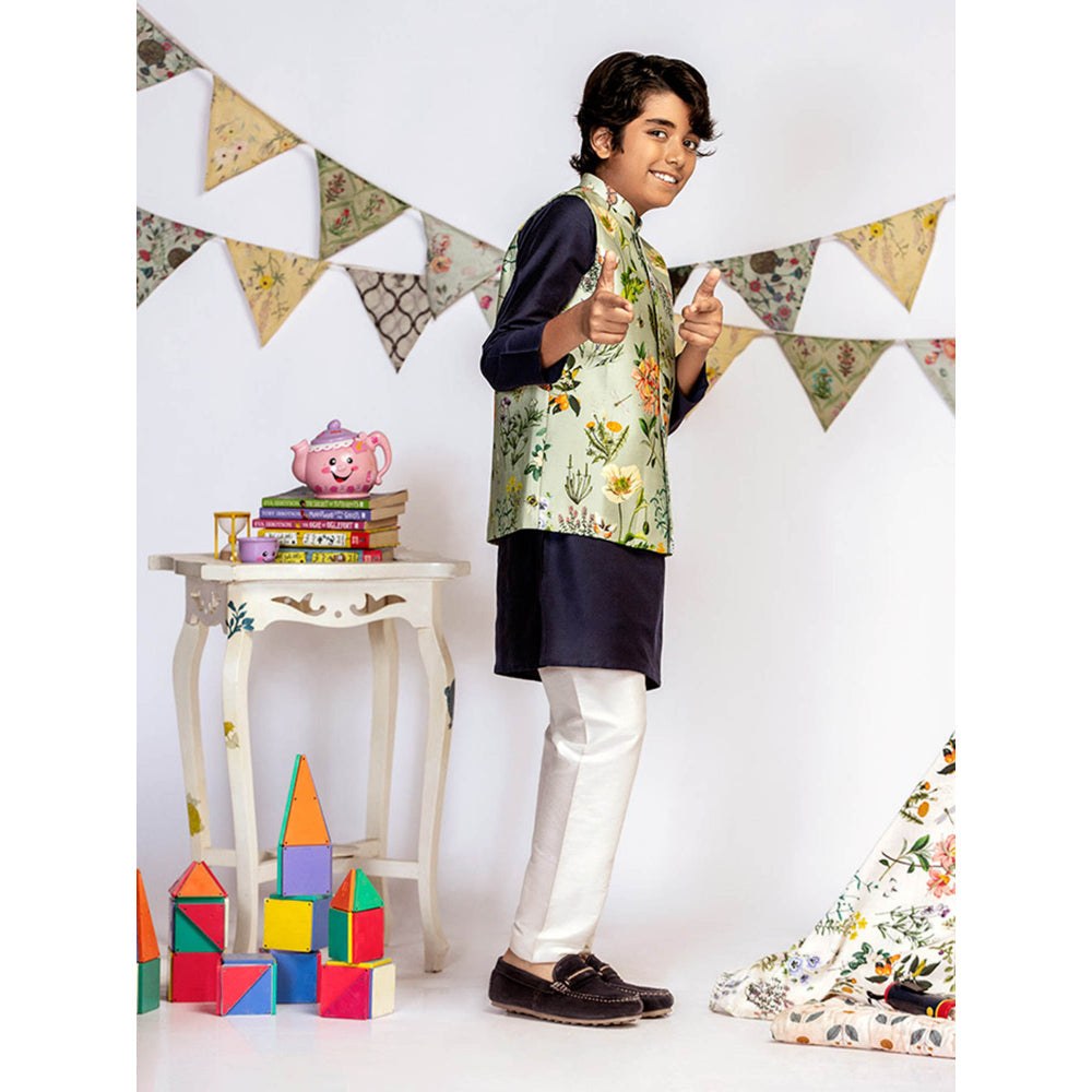 PS Kids By Payal Singhal Aqua Printed Navy Kurta And Off White Churidar (Set of 3)