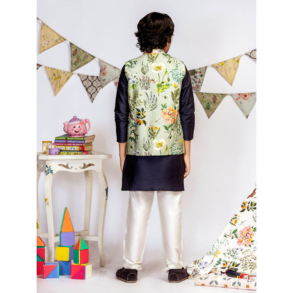 PS Kids By Payal Singhal Aqua Printed Navy Kurta And Off White Churidar (Set of 3)