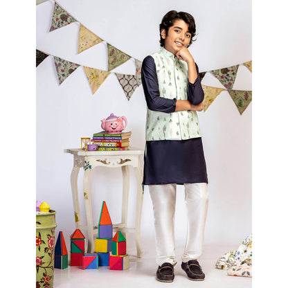 PS Kids By Payal Singhal Blue Printed Navy Kurta And Off White Churidar (Set of 3)